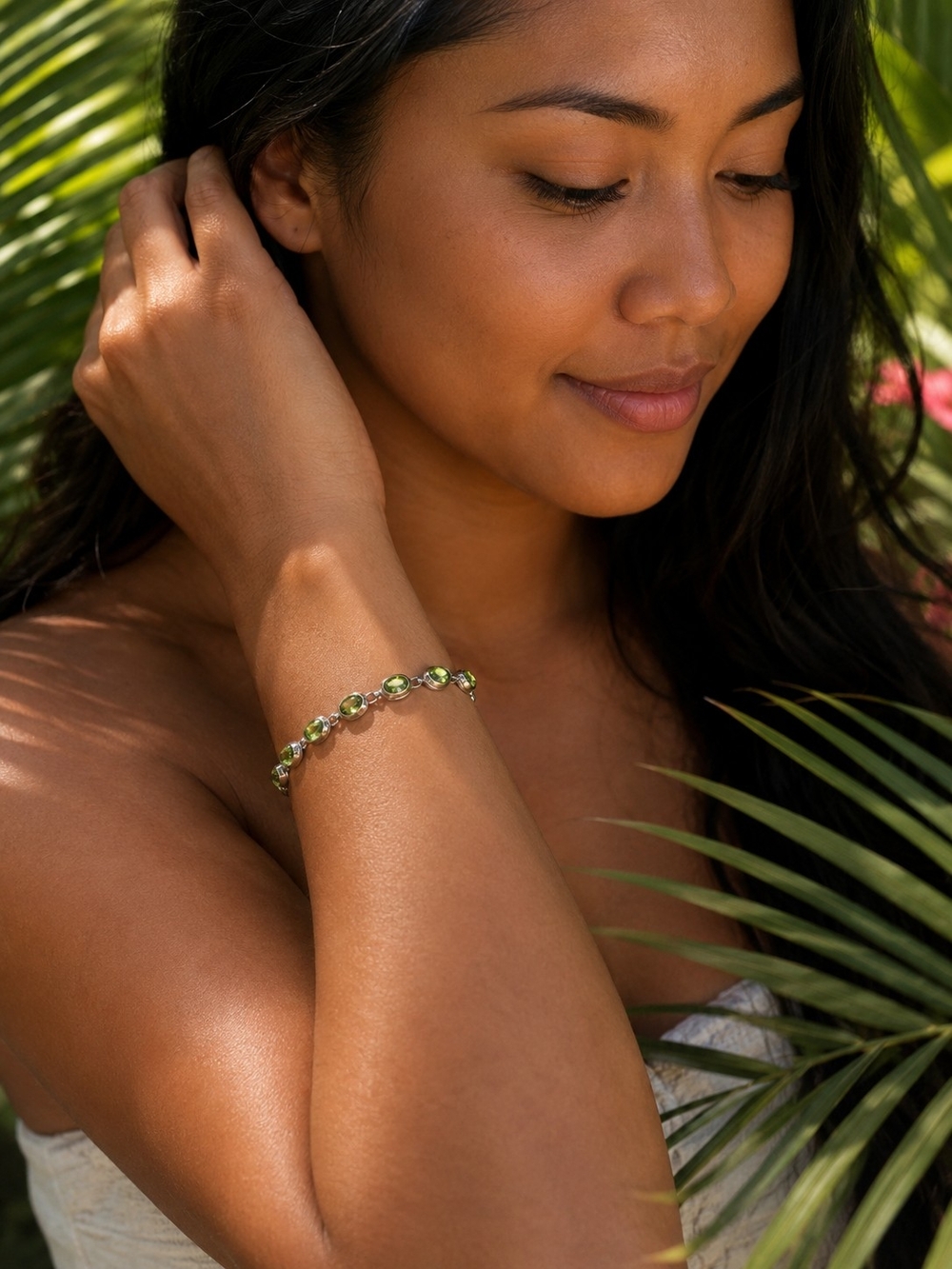 Green Peridot Link Bracelet - Women Jewelry.925 Sterling